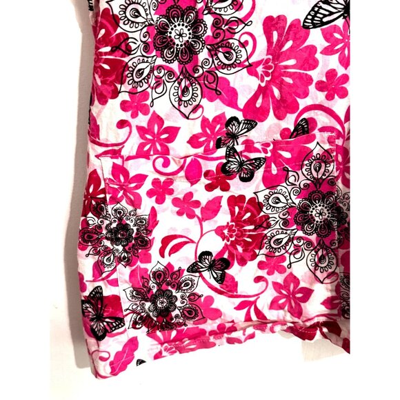Peaches Uniforms Womens Floral Butterfly Print Scrub Top Short Sleeve V-Neck - Picture 3 of 6